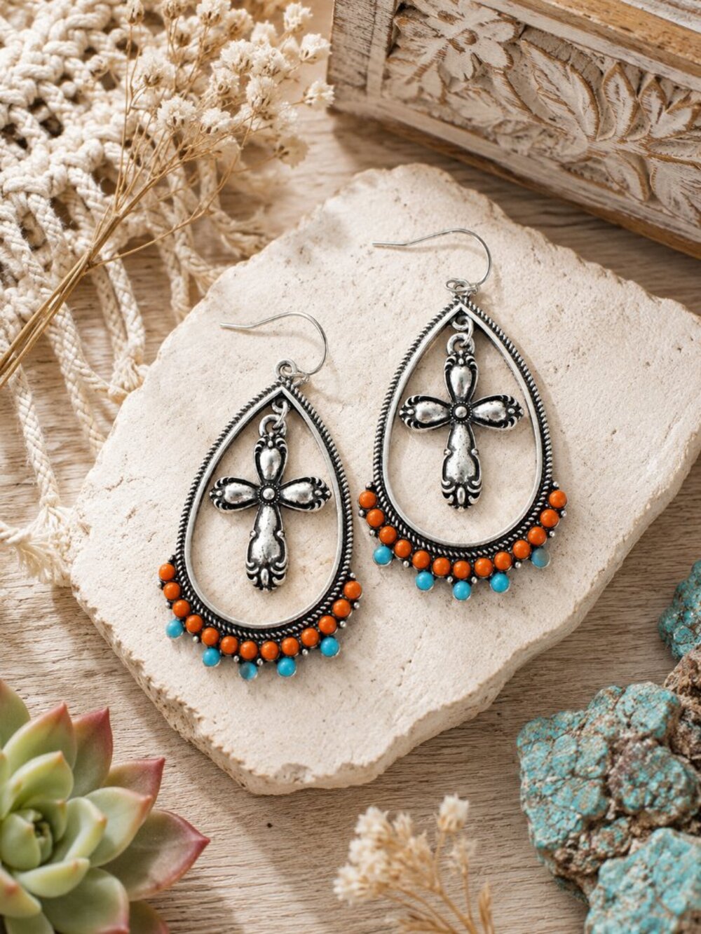 Silver Cross Teardrop Earrings Boho Southwestern Style Orange Turquoise Beaded